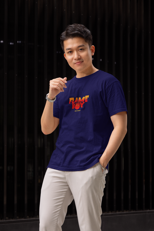 Flame boy half sleeve navy blue round neck t-shirt for men by hello swanky - s