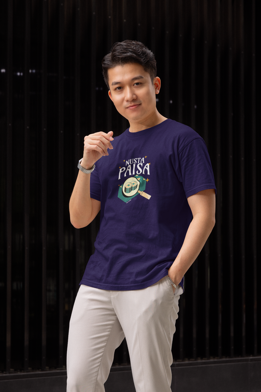 Nusta Paisa Half Sleeve Navy Blue Round Neck T-Shirt for Men