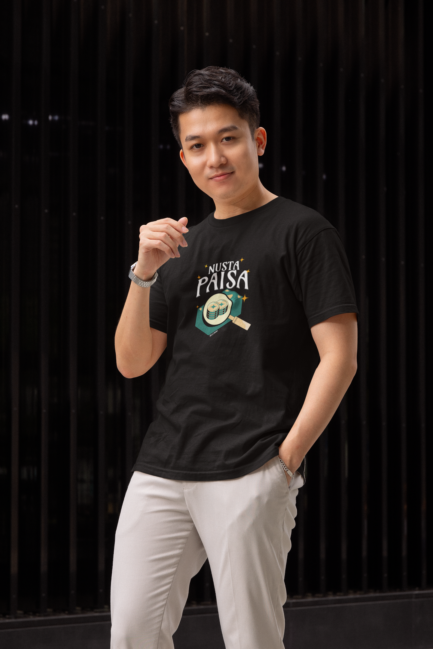 Nusta Paisa Half Sleeve Black Round Neck T-Shirt for Men Hello Swanky
