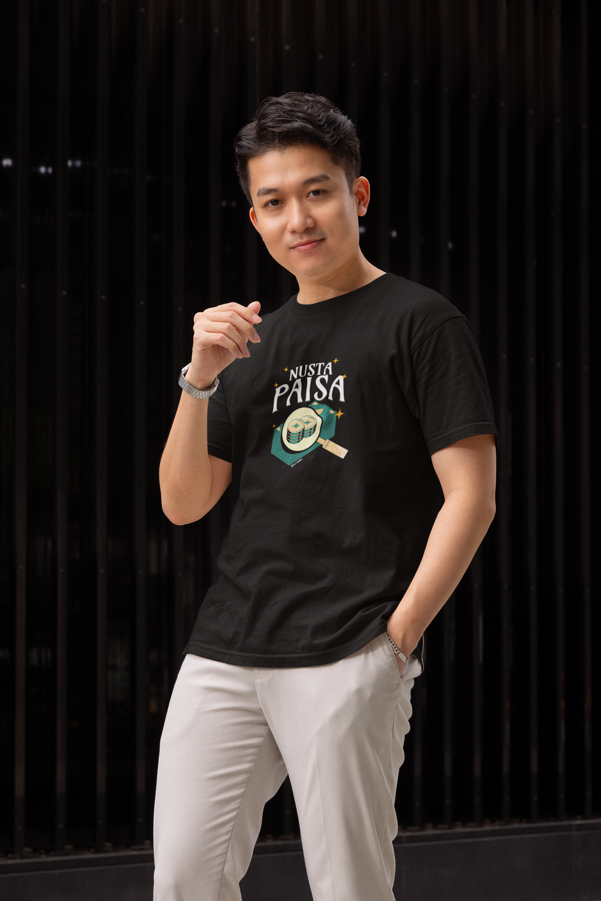 Nusta Paisa Half Sleeve Black Round Neck T-Shirt for Men Hello Swanky