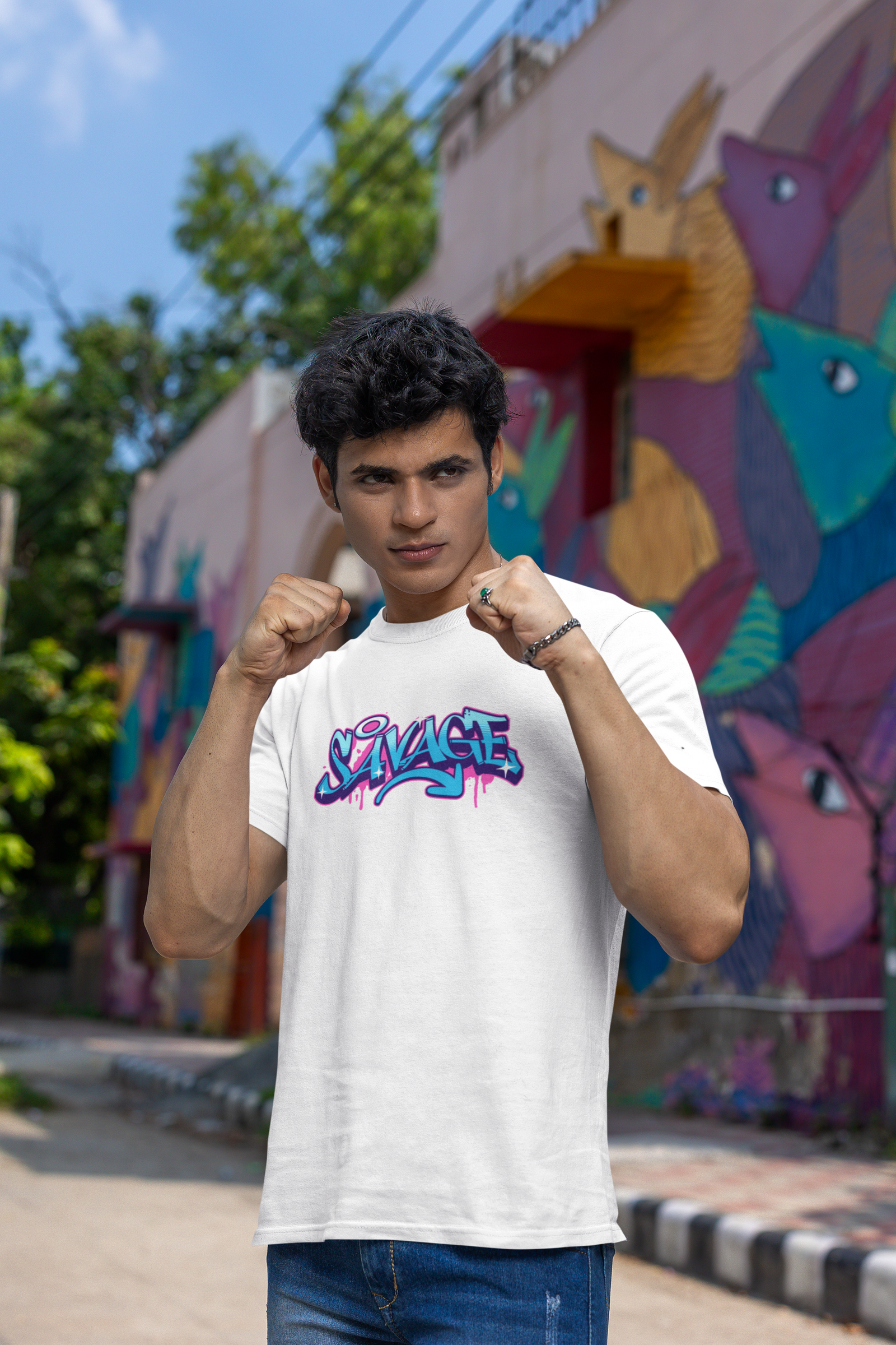 Savage Half Sleeve White Round Neck T-Shirt for Men by Hello Swanky