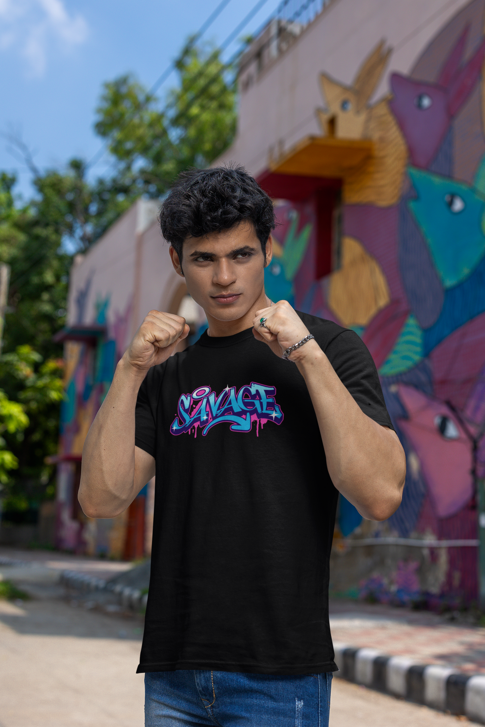 Savage Half Sleeve Black Round Neck T-Shirt for Men Bold Style