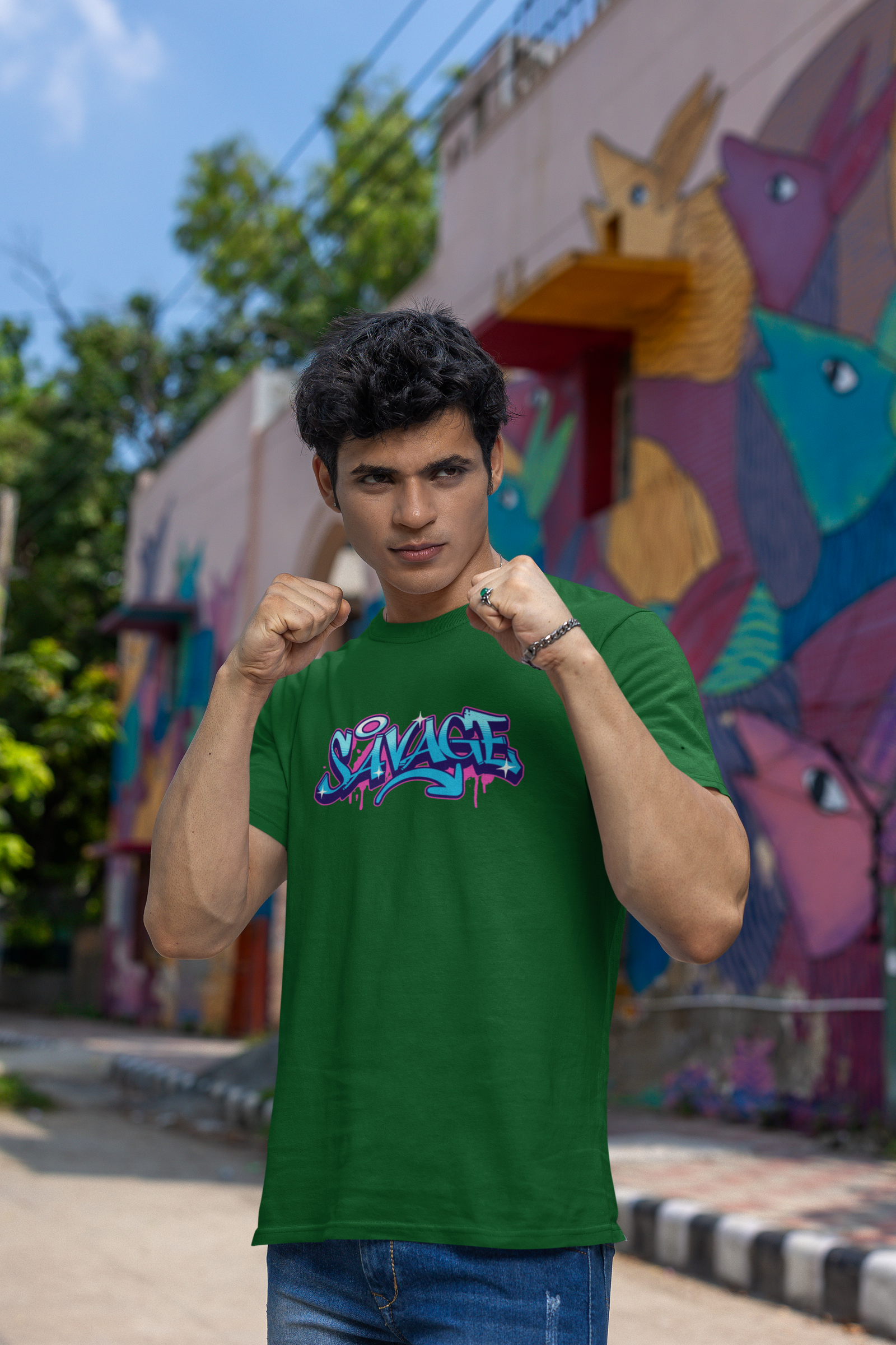 Savage Half Sleeve Bottle Green Round Neck T-Shirt for Men Bold Style