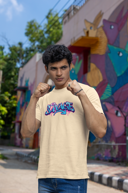 Savage Half Sleeve Beige Round Neck T-Shirt for Men Bold Style