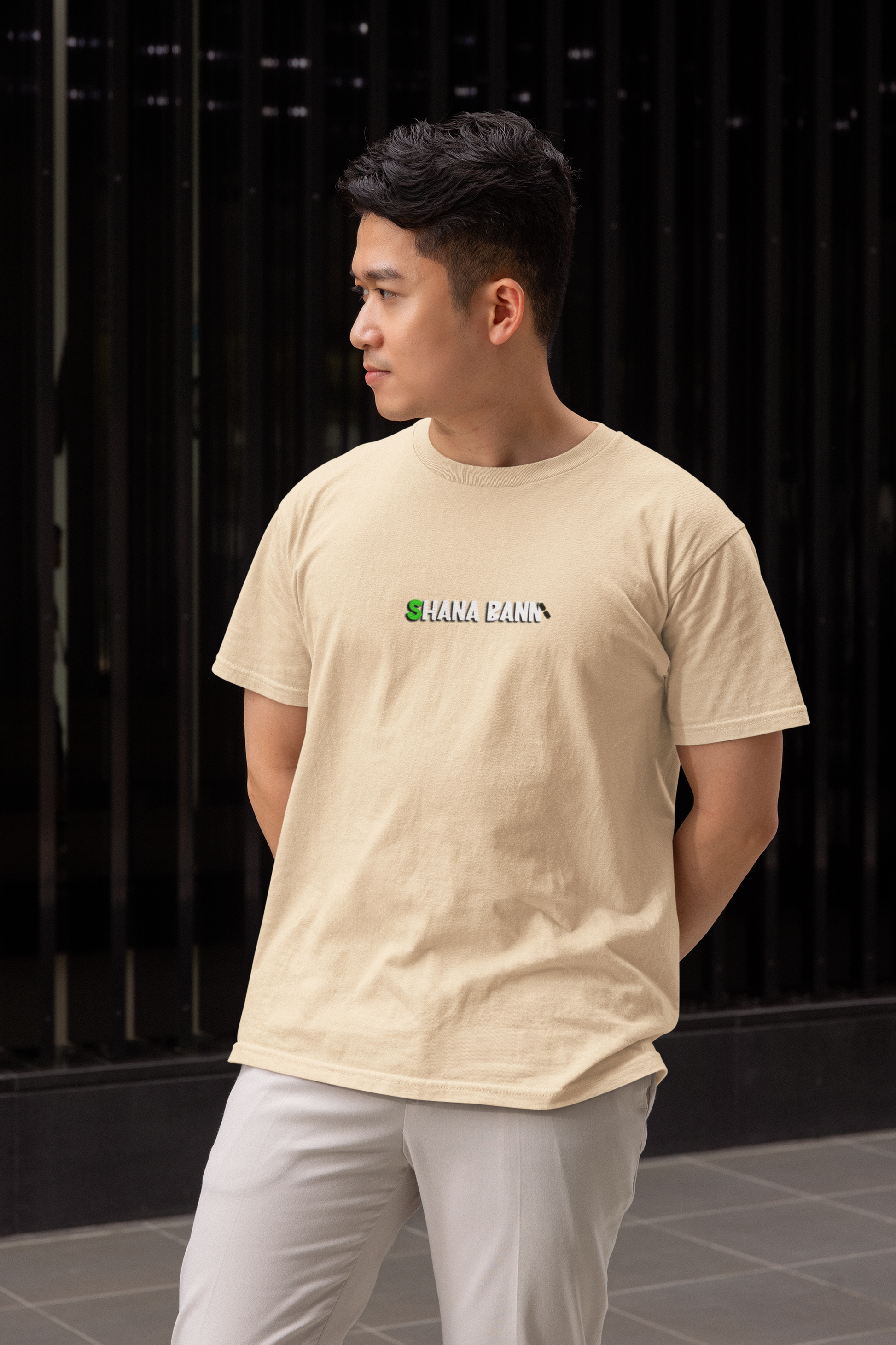 Shana baan half sleeve beige round neck t-shirt for men hello swanky - s