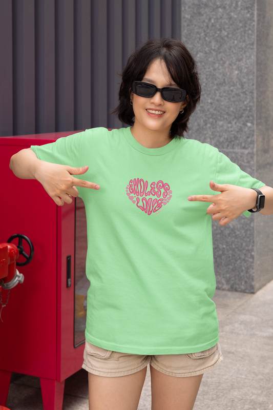 Endless love half sleeve saga green oversized t-shirt for women by hello swanky
