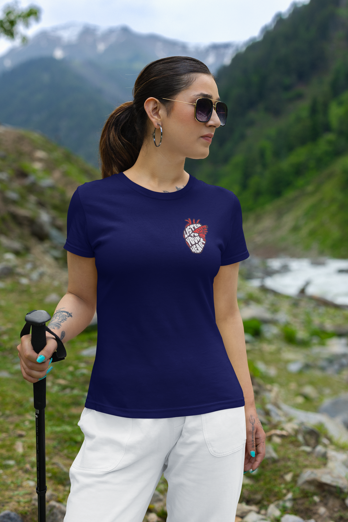 Listen to your heart  Half Sleeve Navy Blue Round Neck T-Shirt for Women by Hello Swanky