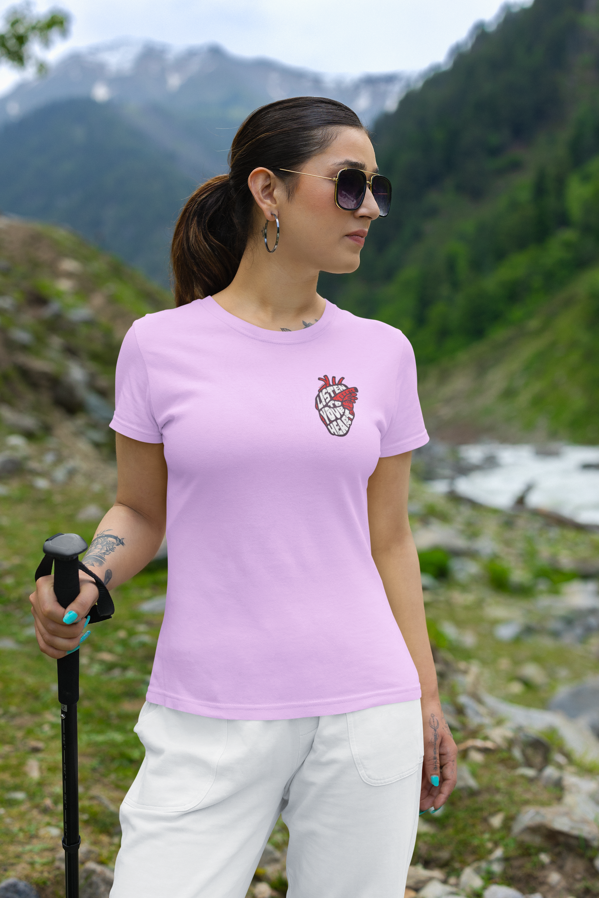 Listen to your heart half sleeve lavender round neck t-shirt for women by hello