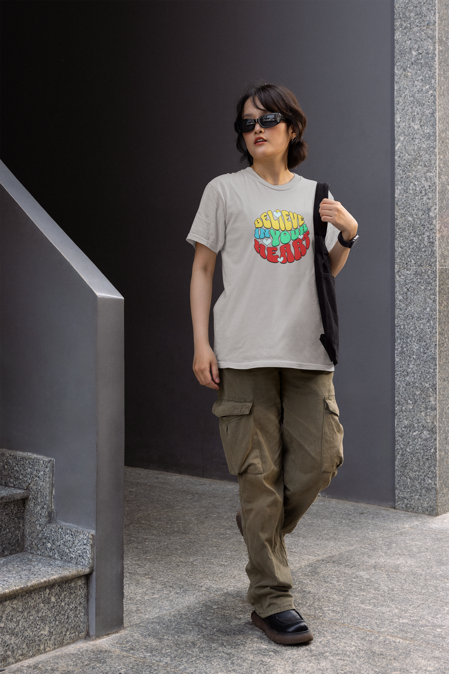 Believe in your heart half sleeve grey round neck t-shirt for women by hello
