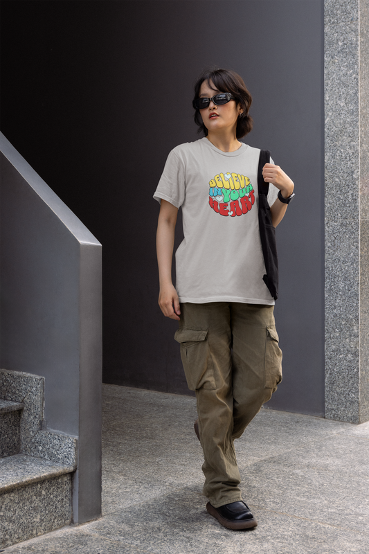 Believe in your heart half sleeve grey round neck t-shirt for women by hello