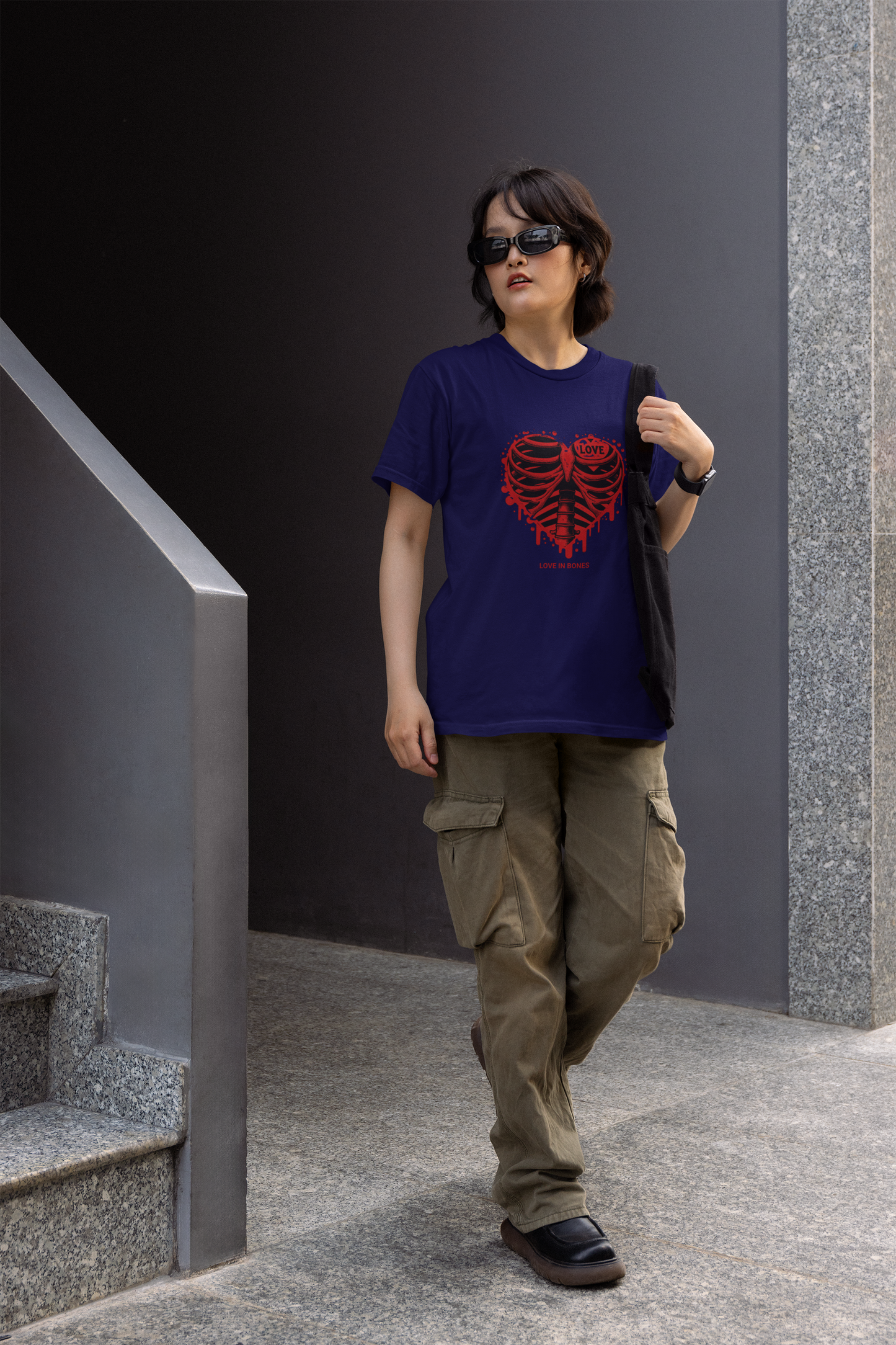 Love in bones half sleeve navy blue round neck t-shirt for women by hello
