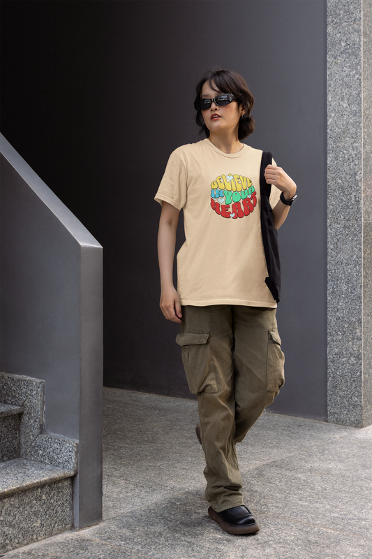 Believe in your heart half sleeve beige round neck t-shirt for women by hello