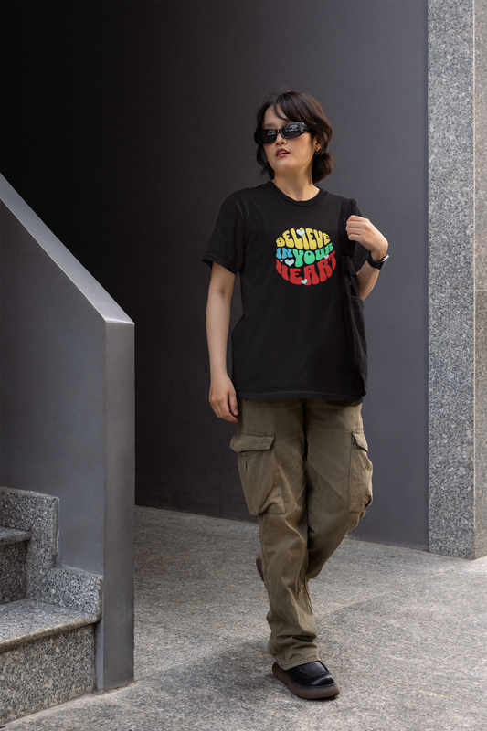 Believe in your heart half sleeve black round neck t-shirt for women by hello