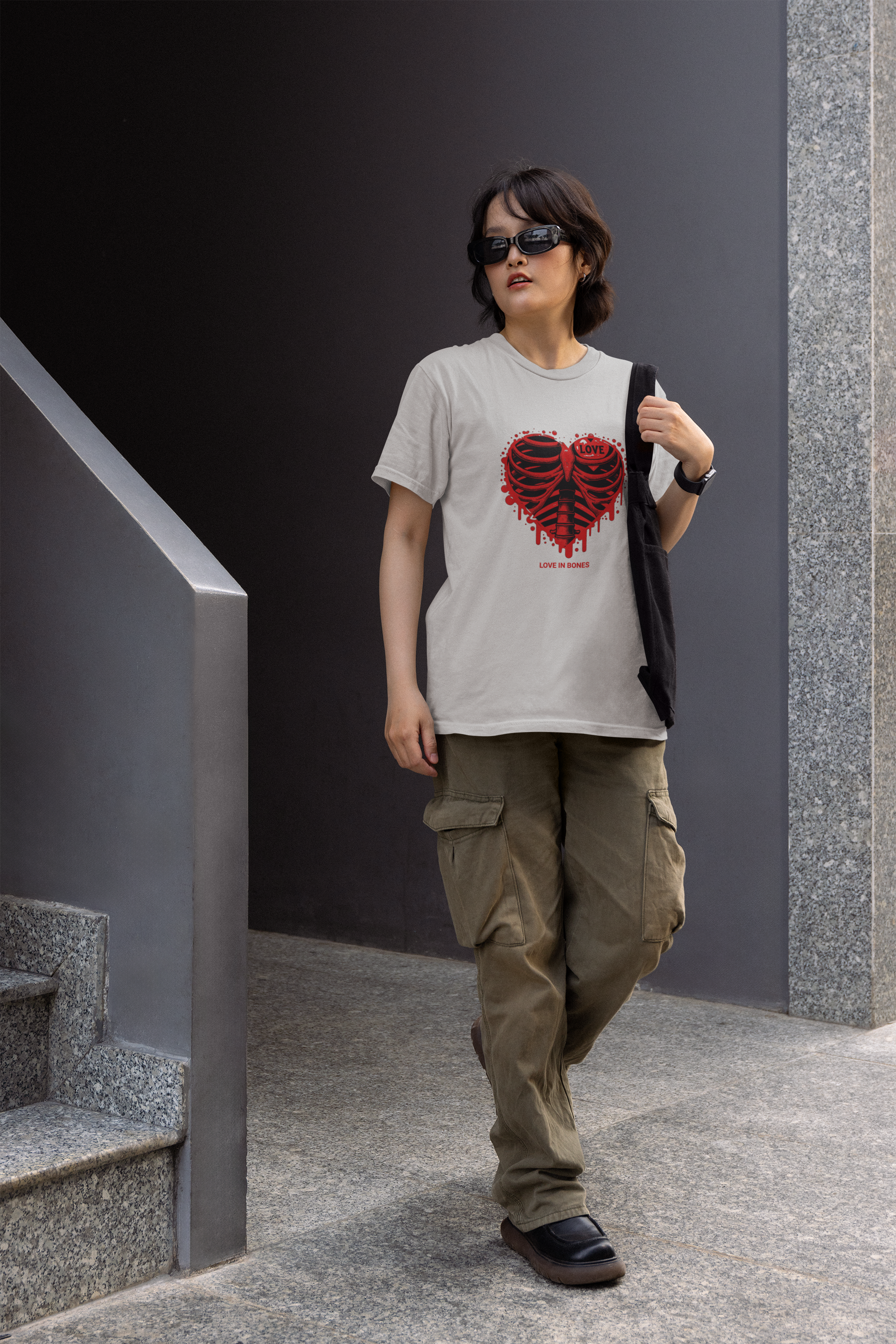 Love in bones half sleeve grey round neck t-shirt for women by hello swanky - s