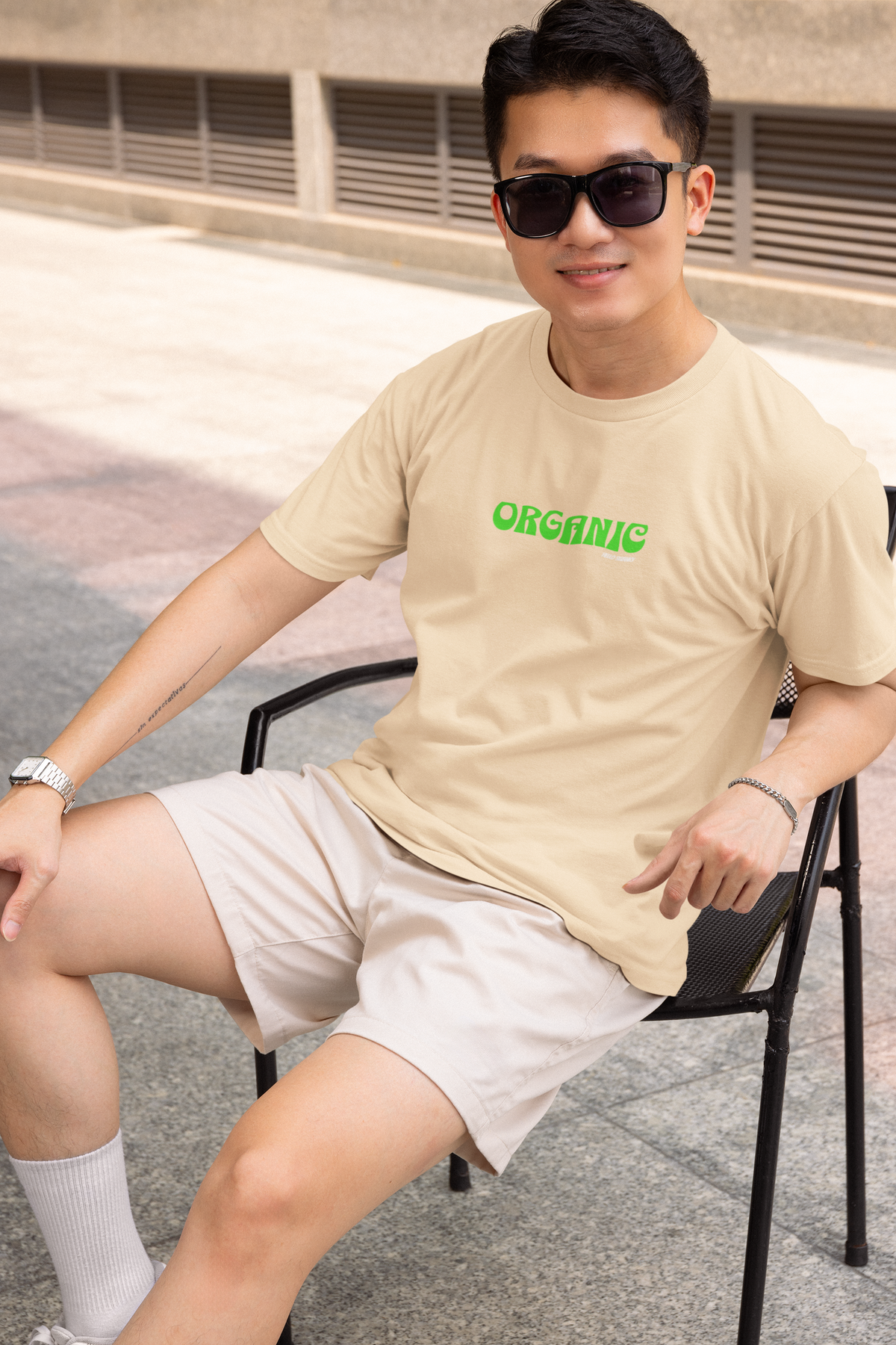Organic Half Sleeve Beige Round Neck T-Shirt for Men Hello Swanky