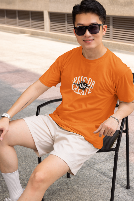 Rise up create half sleeve orange round neck t-shirt for men hello swanky - s