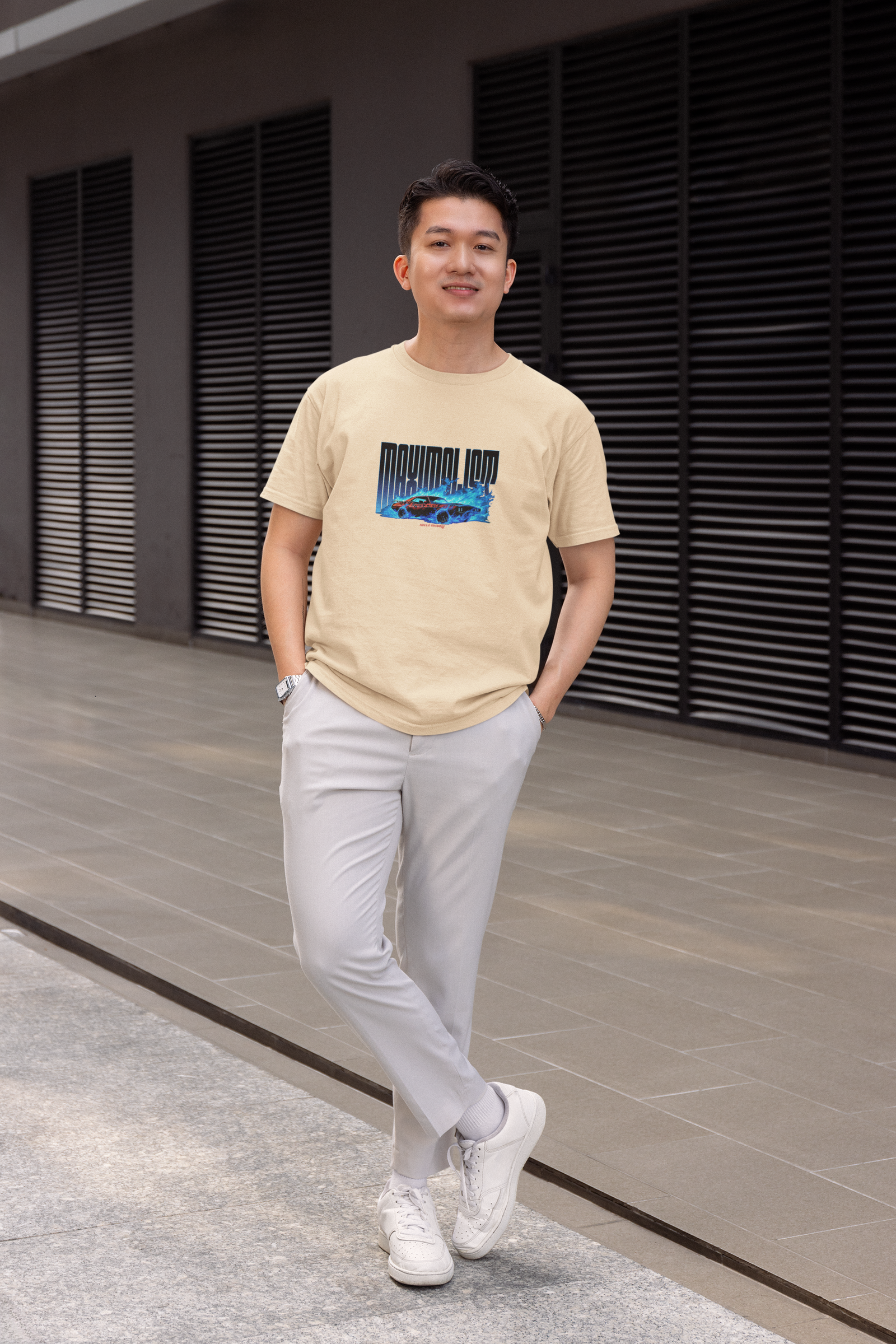 Maximalist Half Sleeve Beige Round Neck T-Shirt – Trendy Look