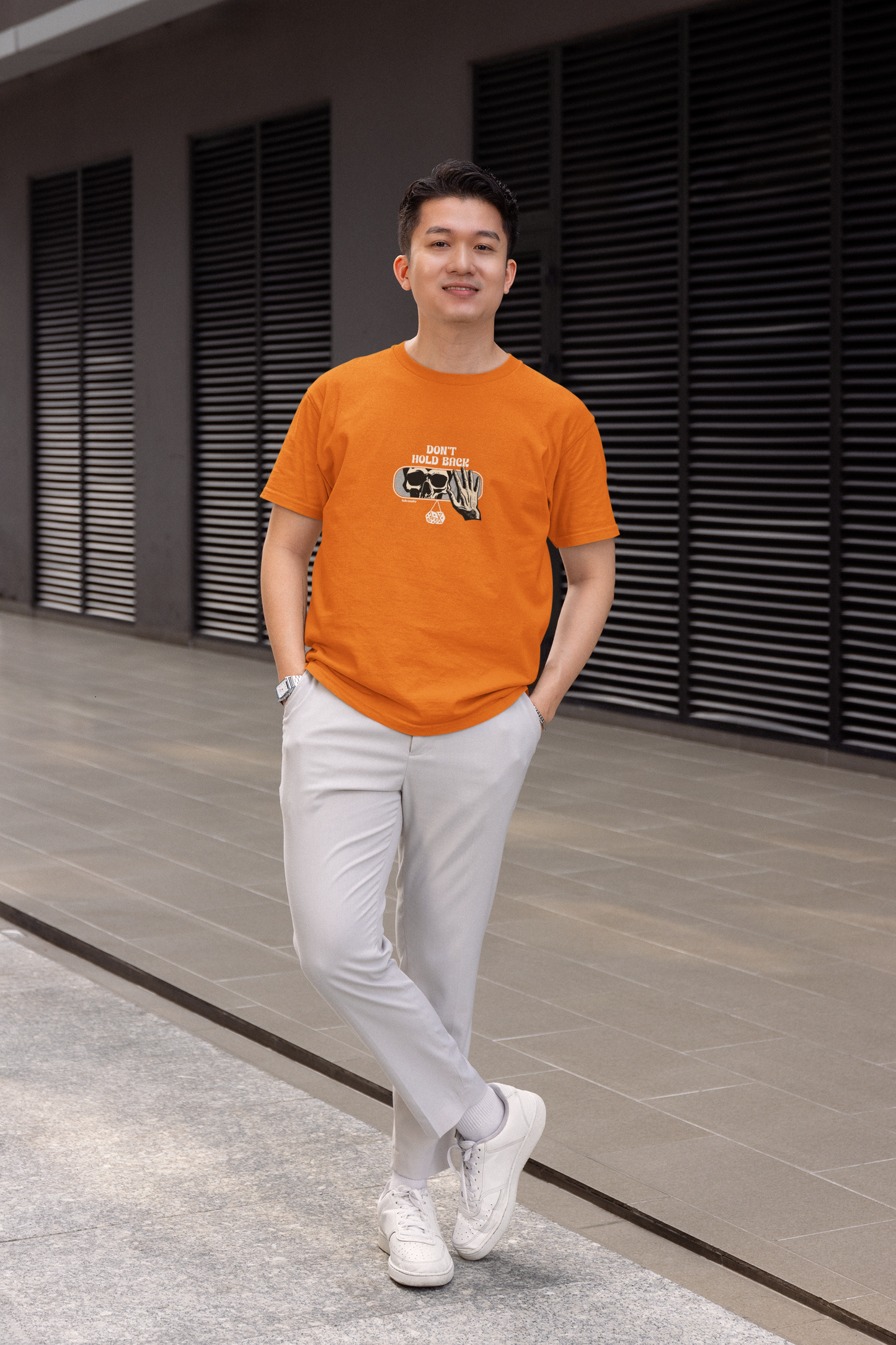 Skull half sleeve orange round neck t-shirt for men by hello swanky - s