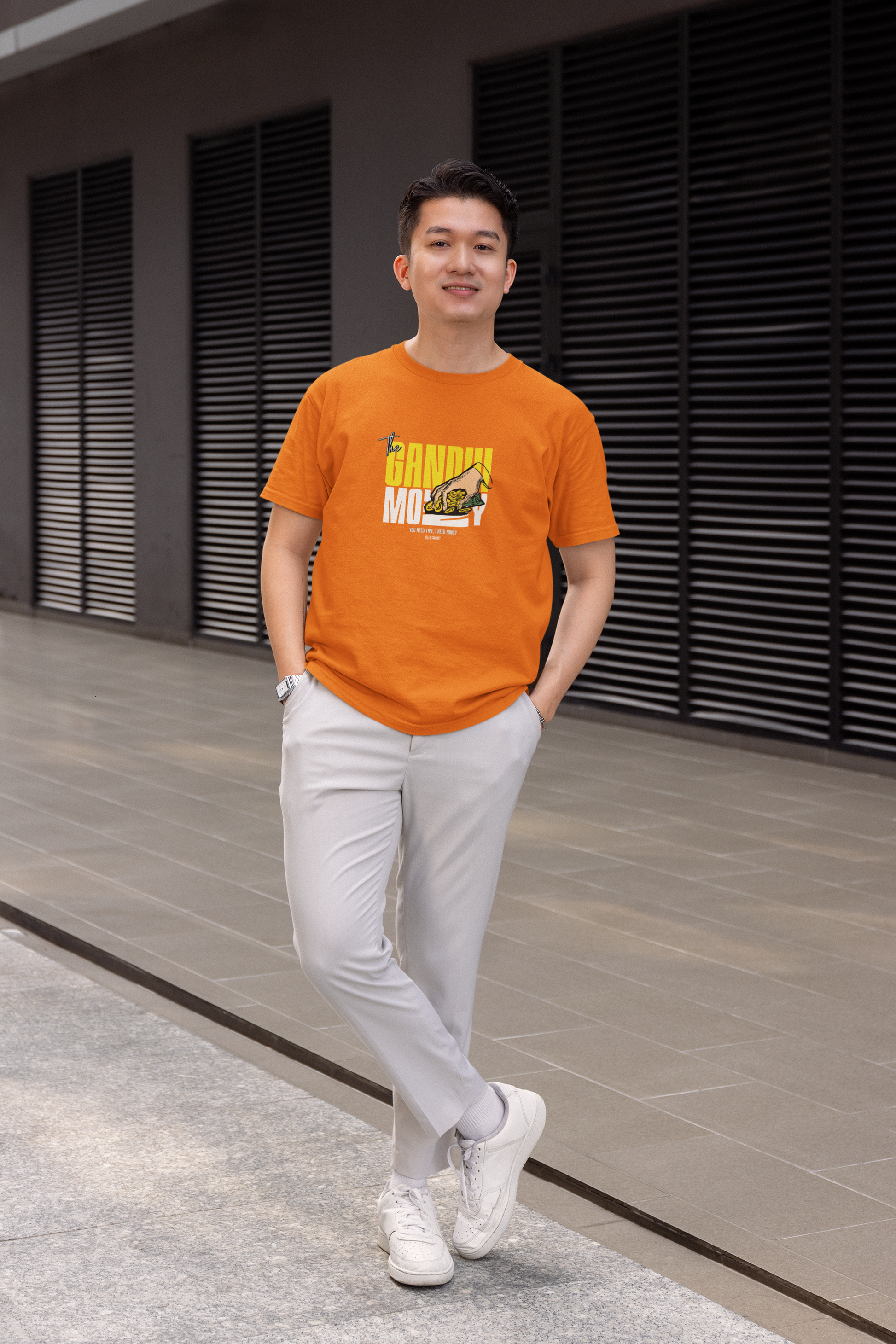 Gandhi money half sleeve orange round neck t-shirt for men hello swanky - s