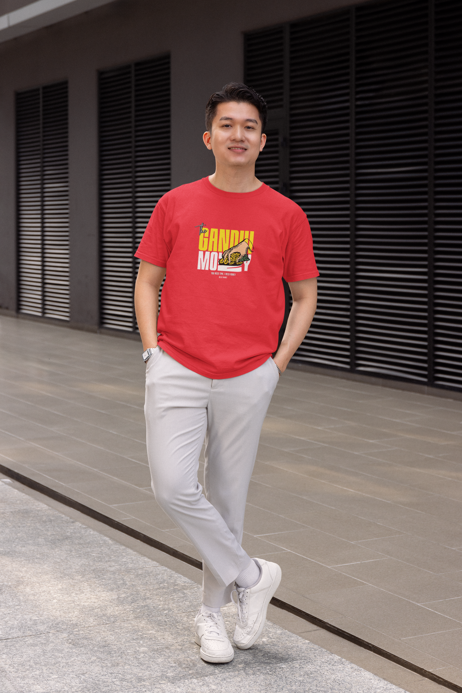 Gandhi money half sleeve red round neck t-shirt for men hello swanky - s