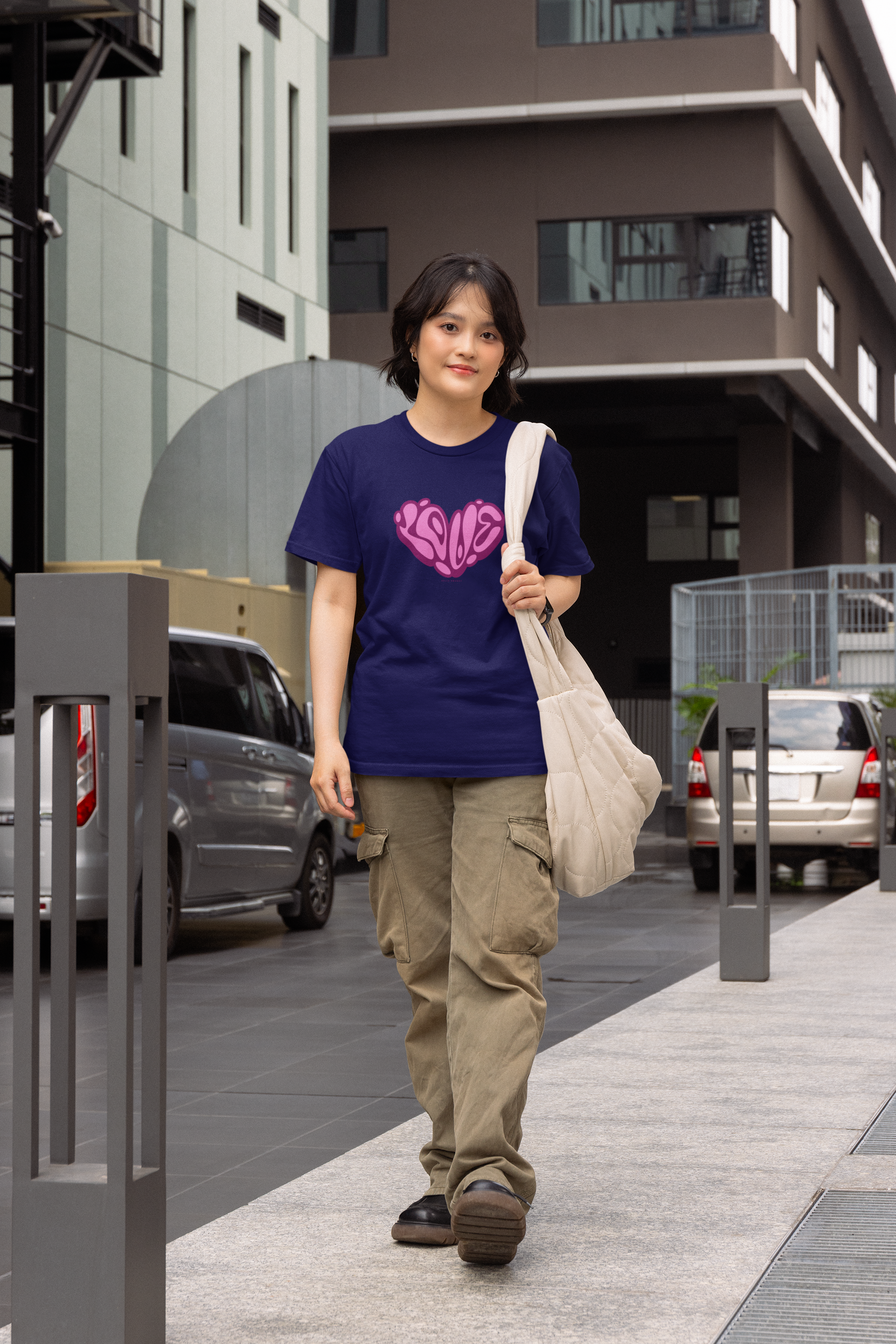 LOVE Half Sleeve Navy Blue Round Neck T-Shirt for Women by Hello Swanky