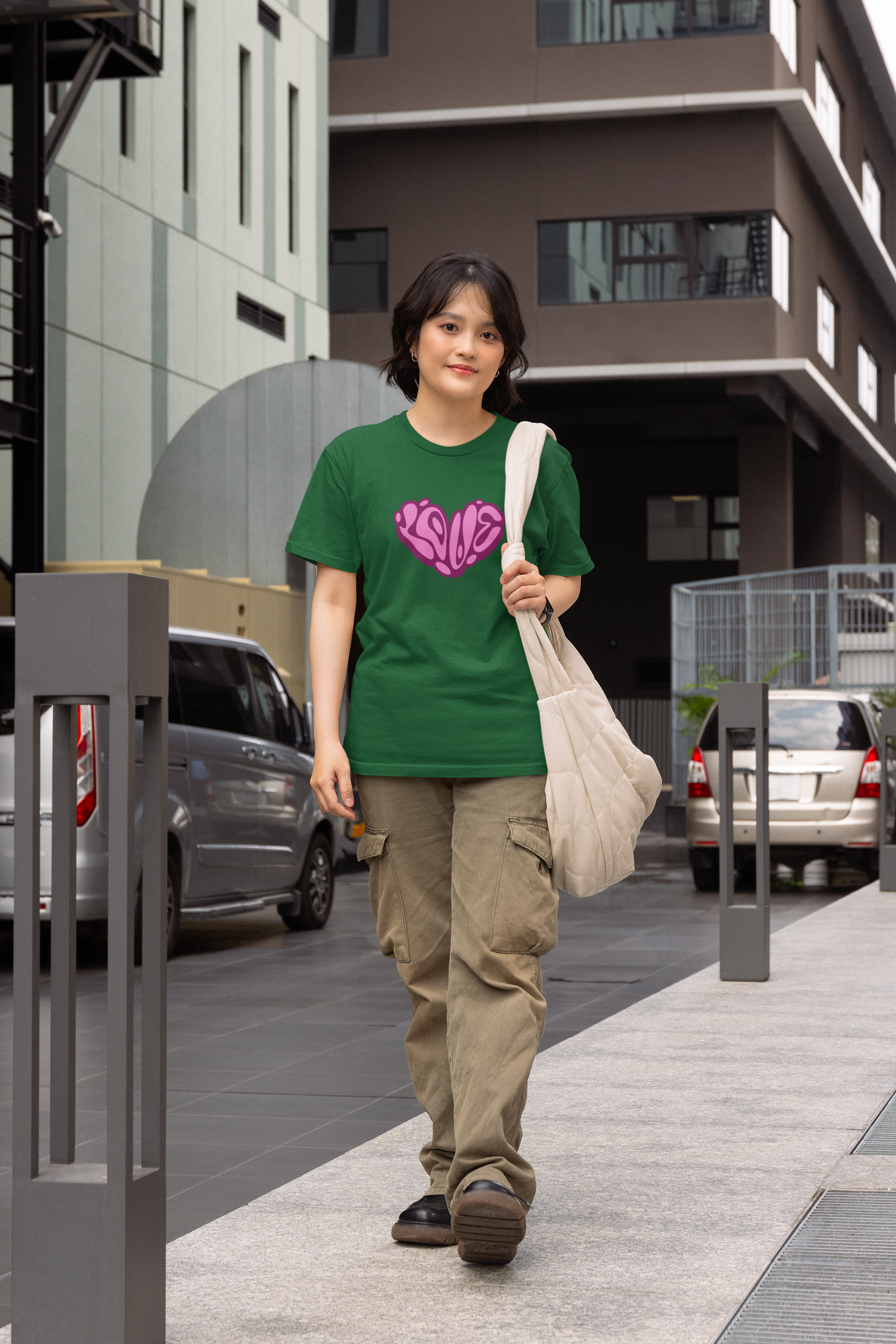 LOVE Half Sleeve Bottle Green  Round Neck T-Shirt for Women by Hello Swanky