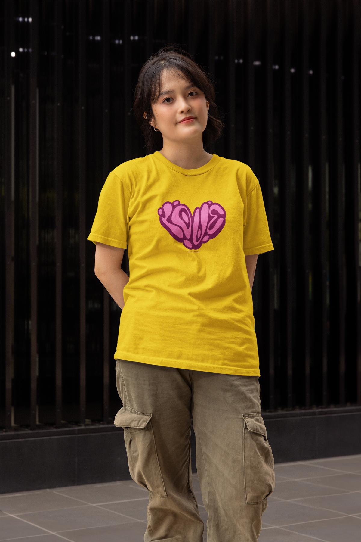 LOVE Half Sleeve Yellow Round Neck T-Shirt for Women by Hello Swanky