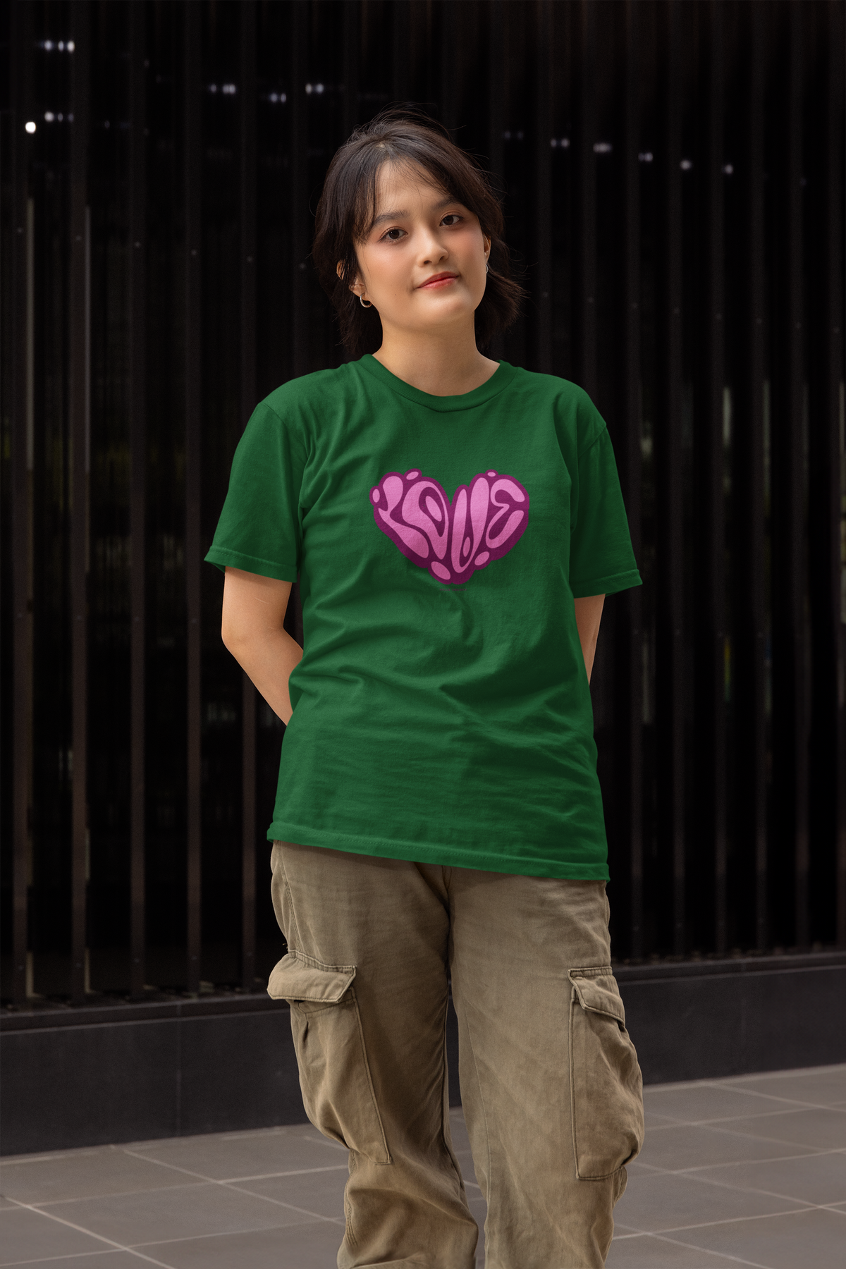 LOVE Half Sleeve Bottle Green  Round Neck T-Shirt for Women by Hello Swanky