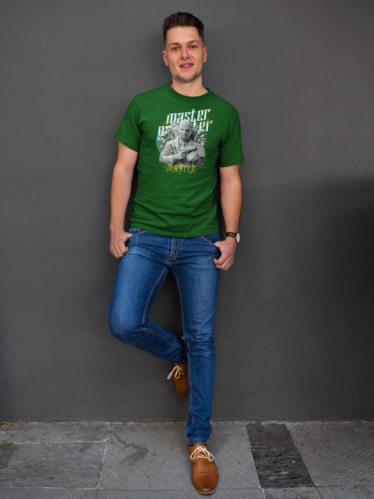 Master Gangster Sleeve Bottle Green Round Neck T-Shirt