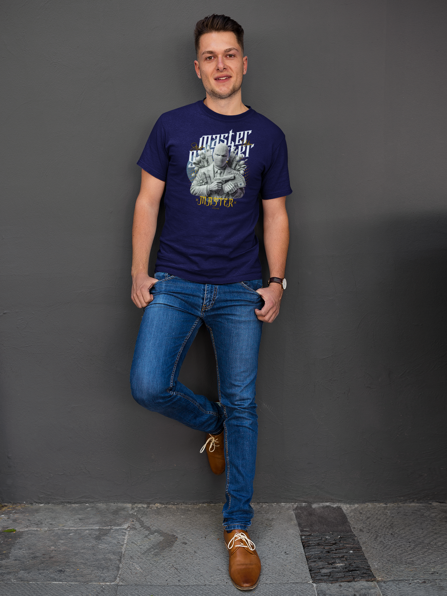 Master Gangster Sleeve Navy Blue Round Neck T-Shirt