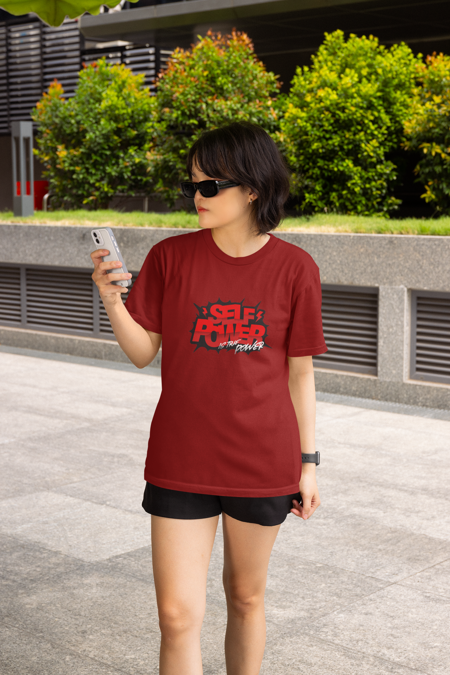 Self power is true half sleeve maroon round neck t-shirt for women by hello