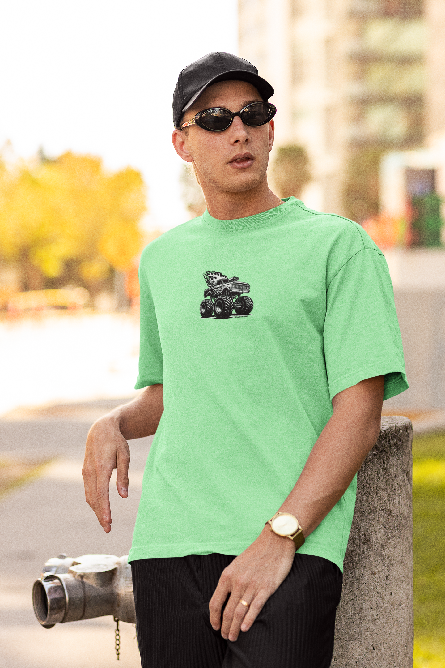 Monster Truck Saga Green White Oversized T-Shirt – Bold & Fun