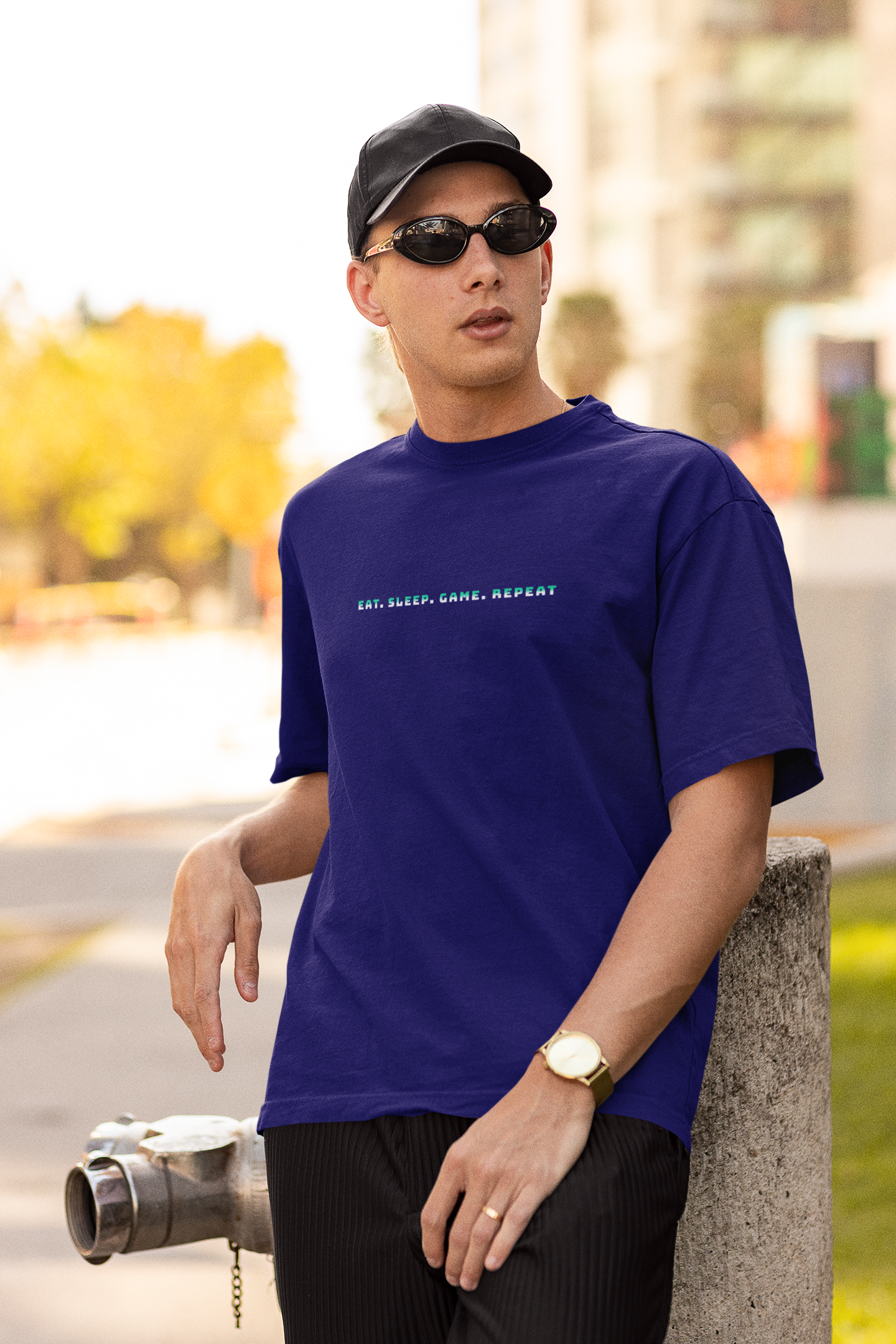 EAT, SLEEP, GAME Half Sleeve Navy Blue Oversized T-Shirt for Men by Hello Swanky