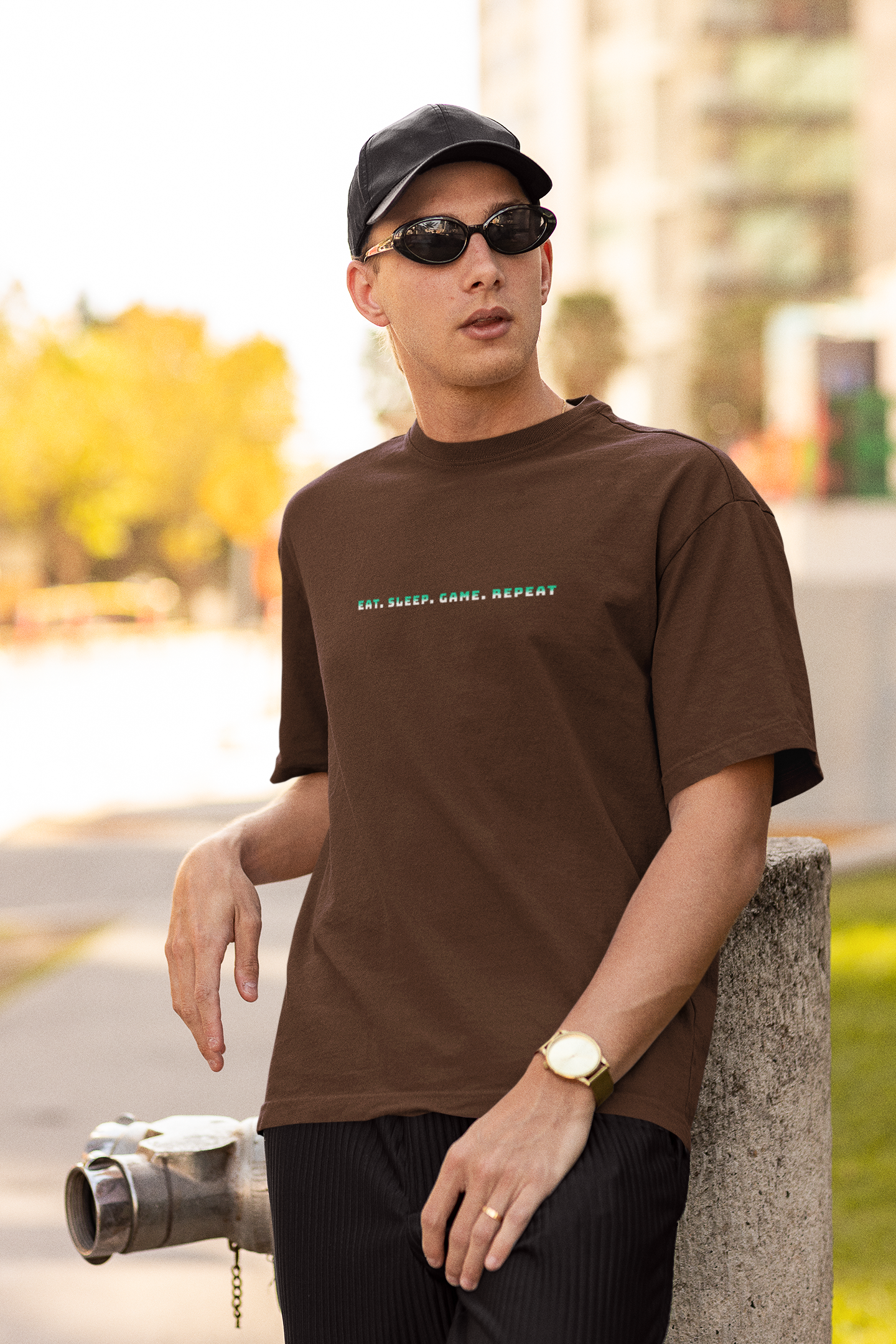 Eat Sleep Game Brown Oversized T-Shirt for Men – Gamer Style