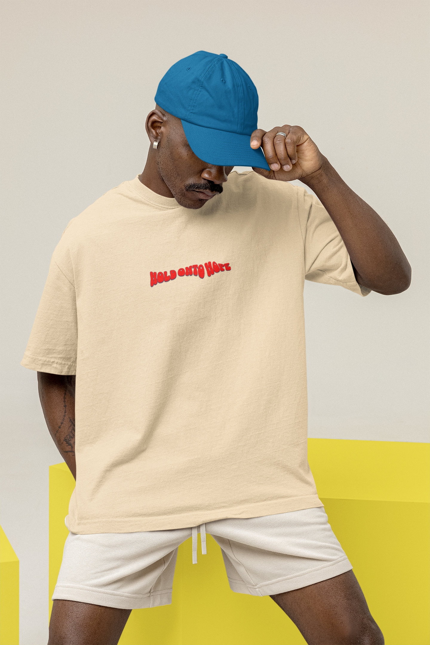 Hold & Hope Half Sleeve Beige Oversized T-Shirt for Men
