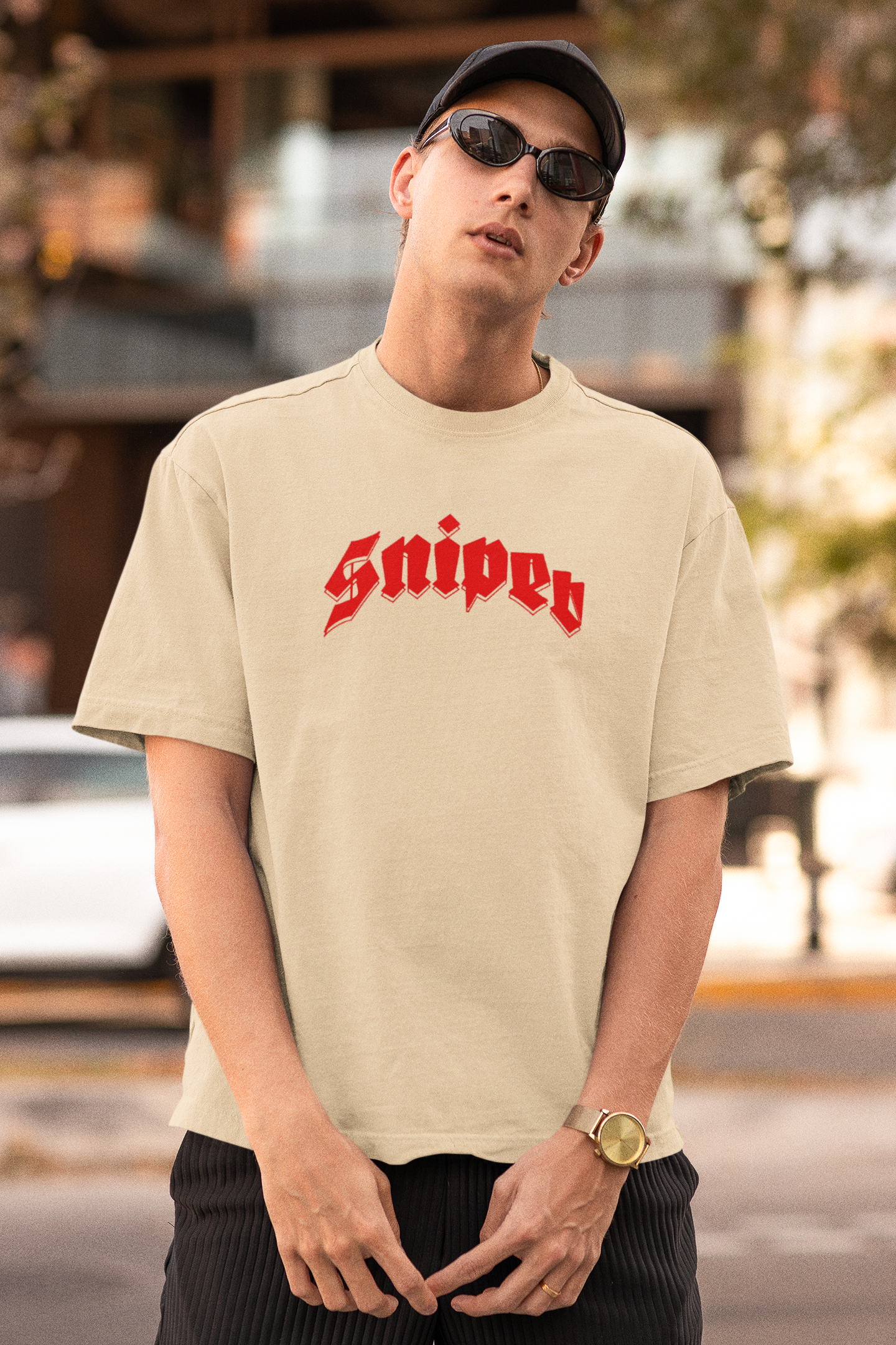 Sniper Boy Unisex Beige Oversized T-Shirt