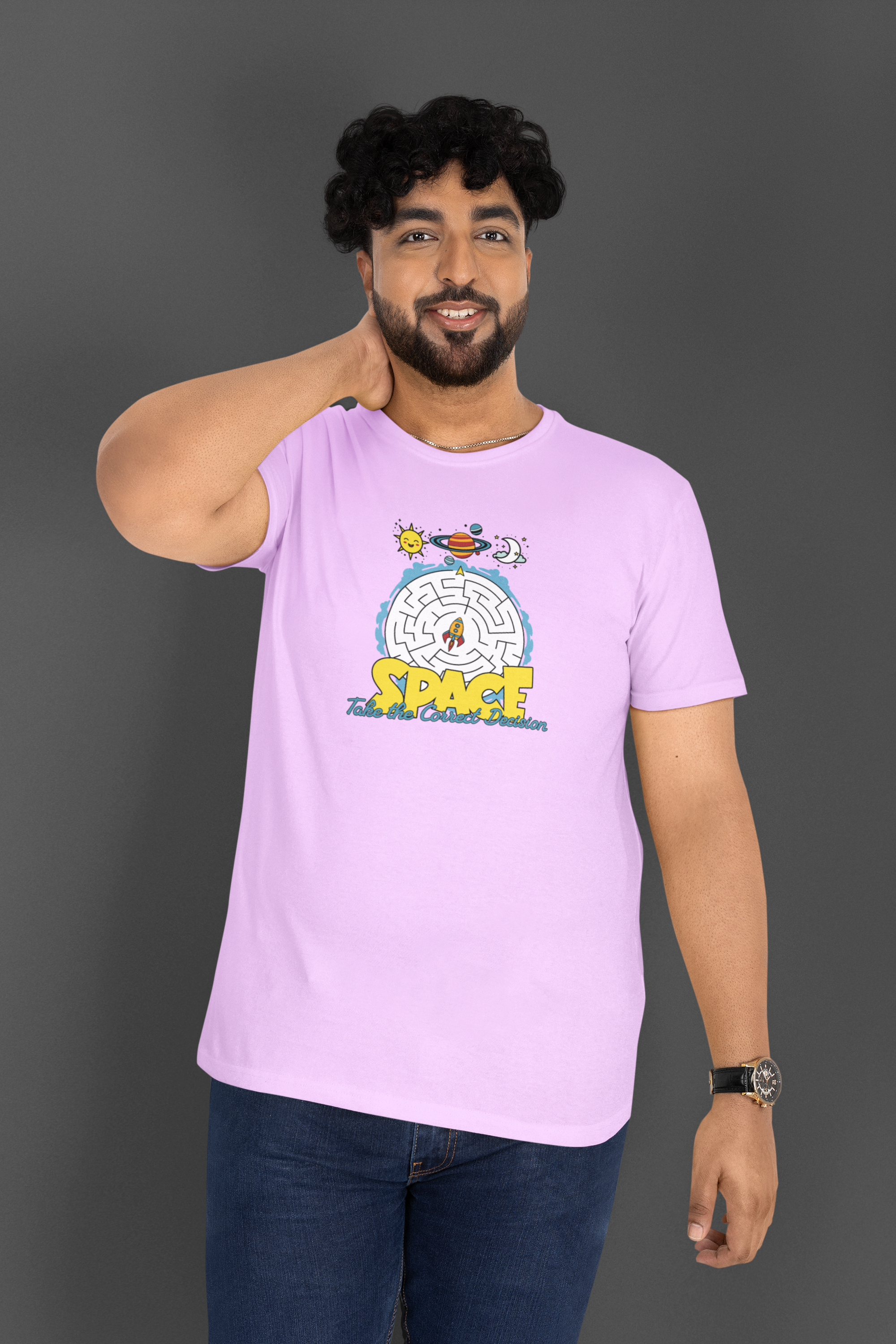 Space Correct Decision Half Sleeve Lavender Round Neck T-Shirt for Men by Hello Swanky