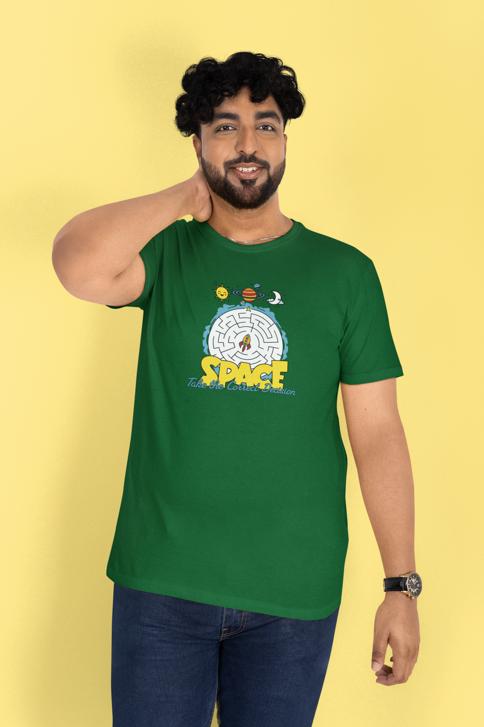 Space Correct Decision Half Sleeve Bottle Green Round Neck T-Shirt for Men