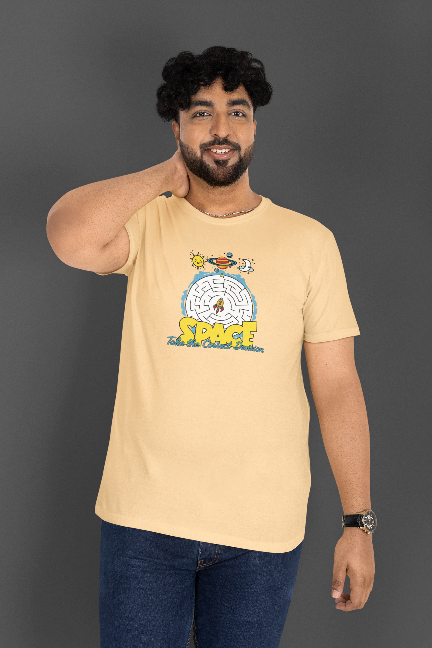Space Correct Decision Half Sleeve Beige Round Neck T-Shirt for Men