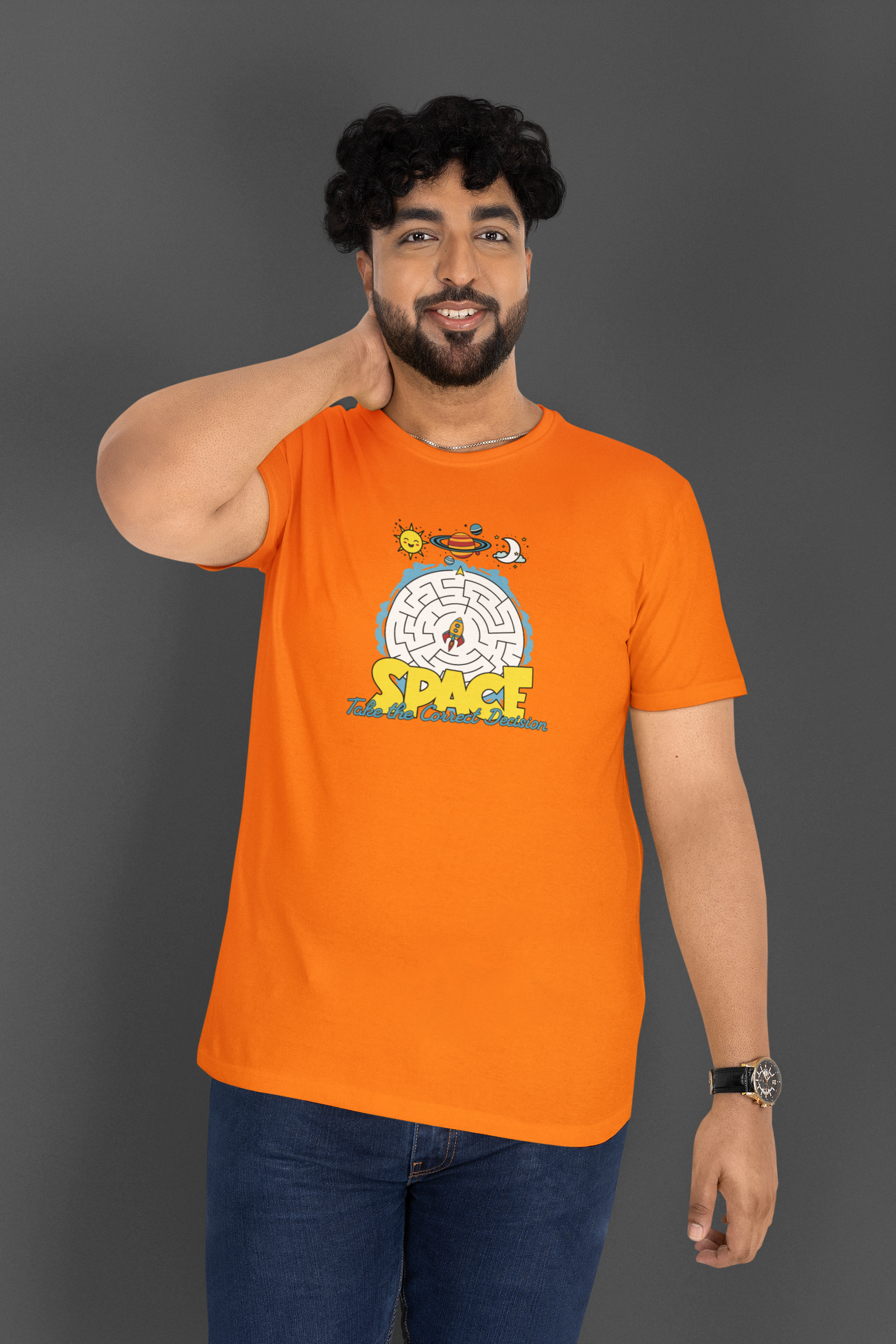 Space Correct Decision Half Sleeve Orange Round Neck T-Shirt for Men