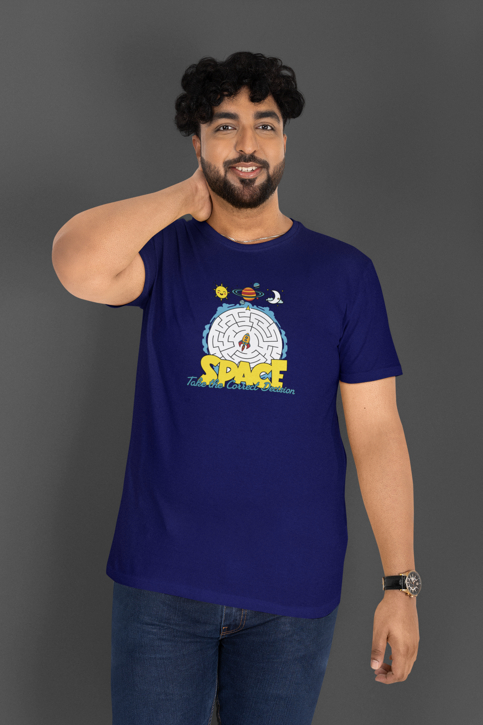 Space Correct Decision Half Sleeve Navy Blue Round Neck T-Shirt for Men