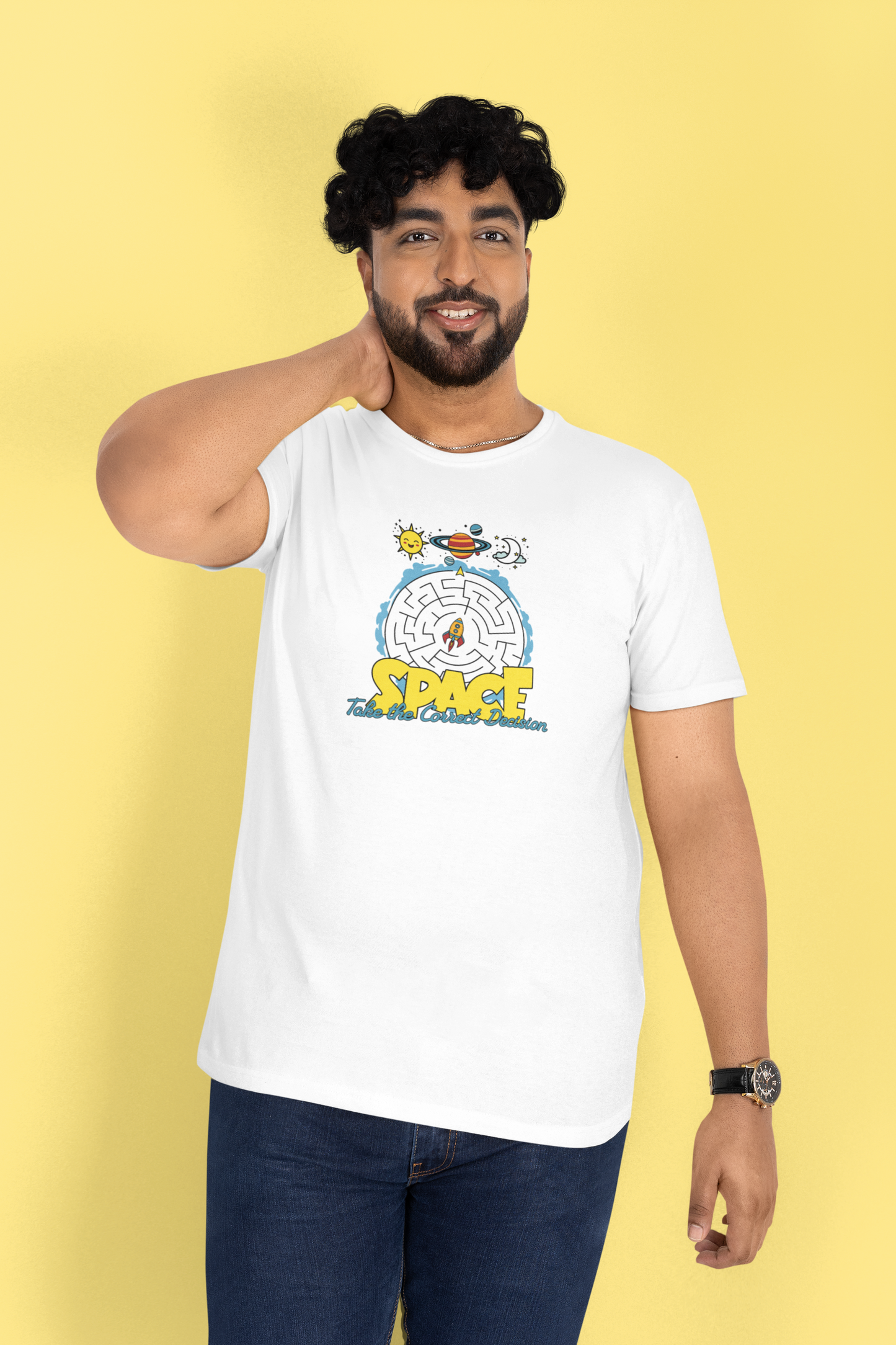 Space Correct Decision Half Sleeve White Round Neck T-Shirt for Men
