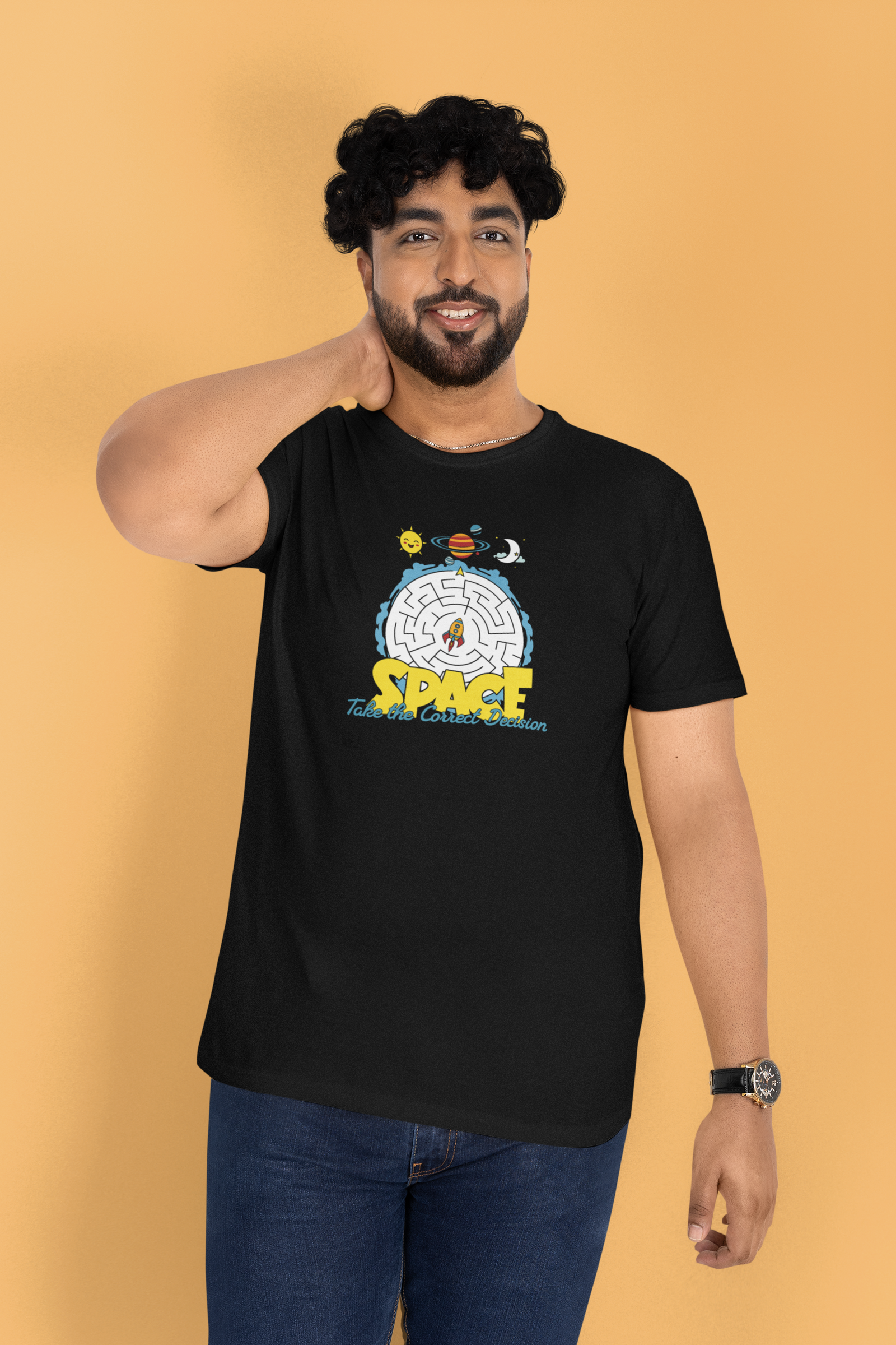 Space Correct Decision Half Sleeve Black Round Neck T-Shirt for Men
