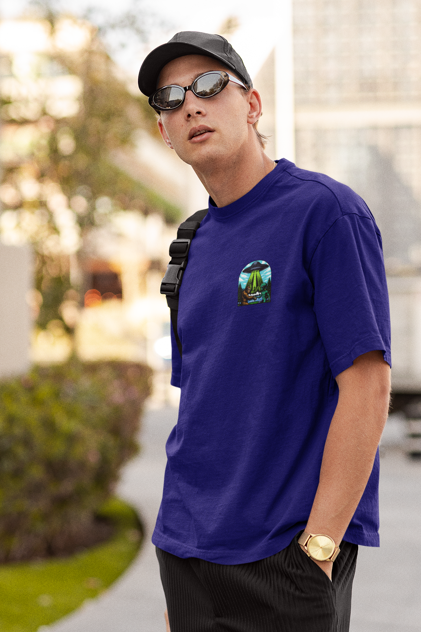 Bigfoot & Alien Unisex Navy Blue Oversized T-Shirt