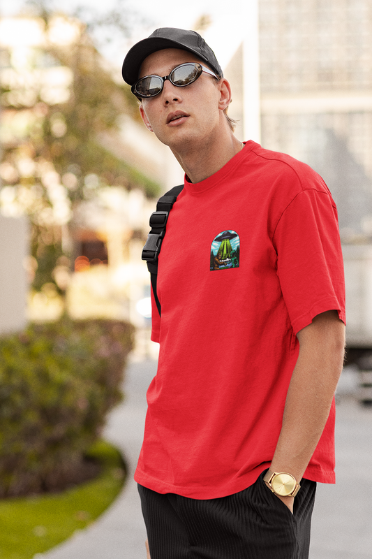 Bigfoot & Alien Unisex Red Oversized T-Shirt