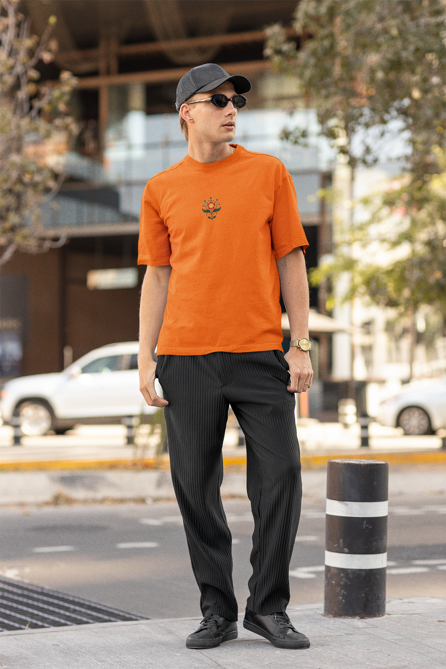 Petals of strength half sleeve orange oversized t-shirt for men by hello swanky