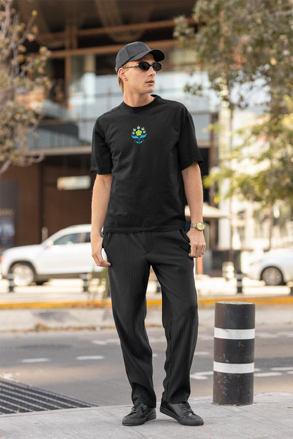 Petals of strength half sleeve black oversized t-shirt for men hello swanky