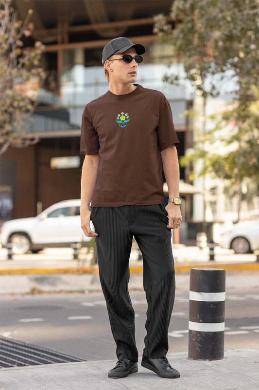 Petals of strength half sleeve brown oversized t-shirt for men by hello swanky