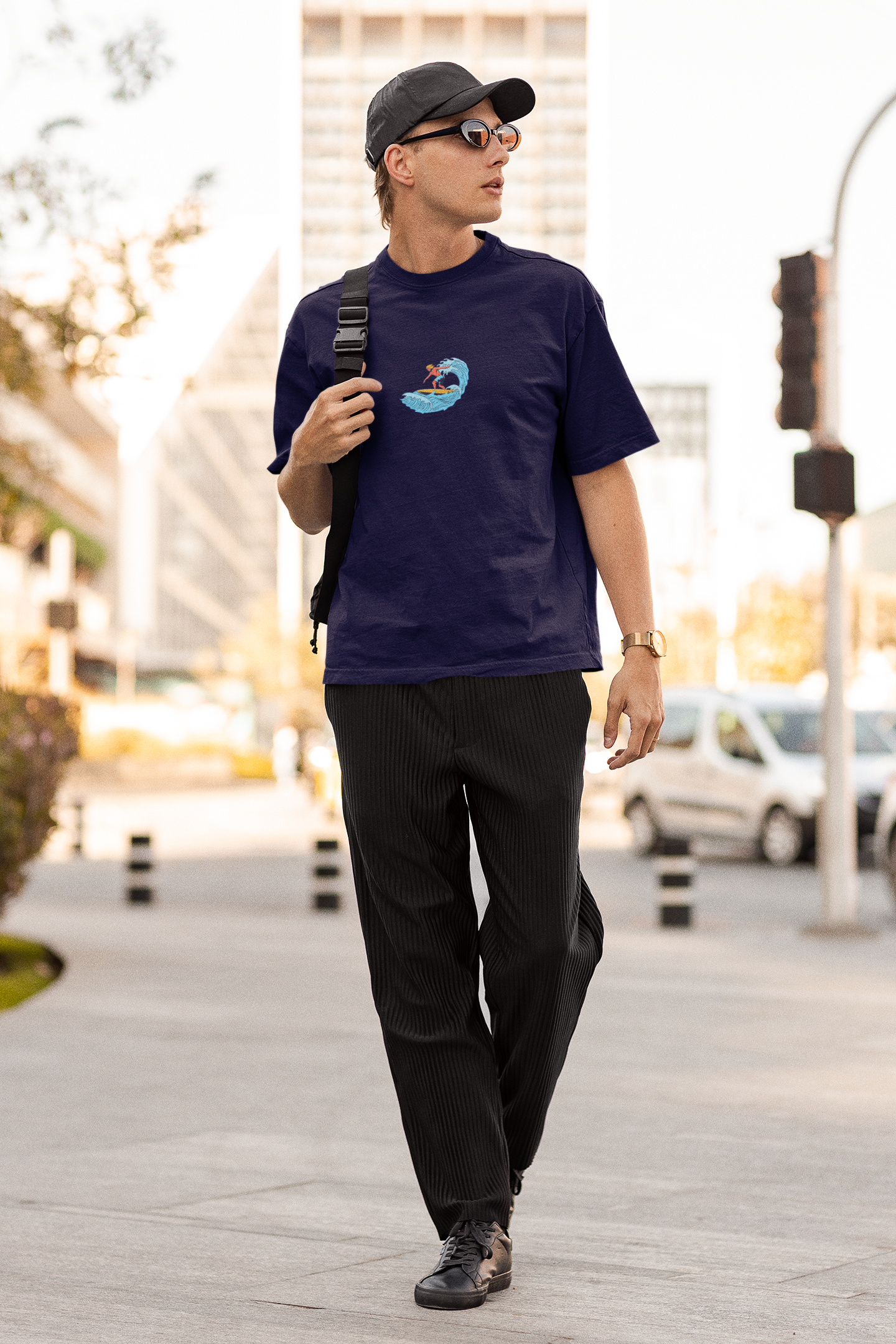 Great Day Half Sleeve Navy Blue Oversized T-Shirt for Men by Hello Swanky