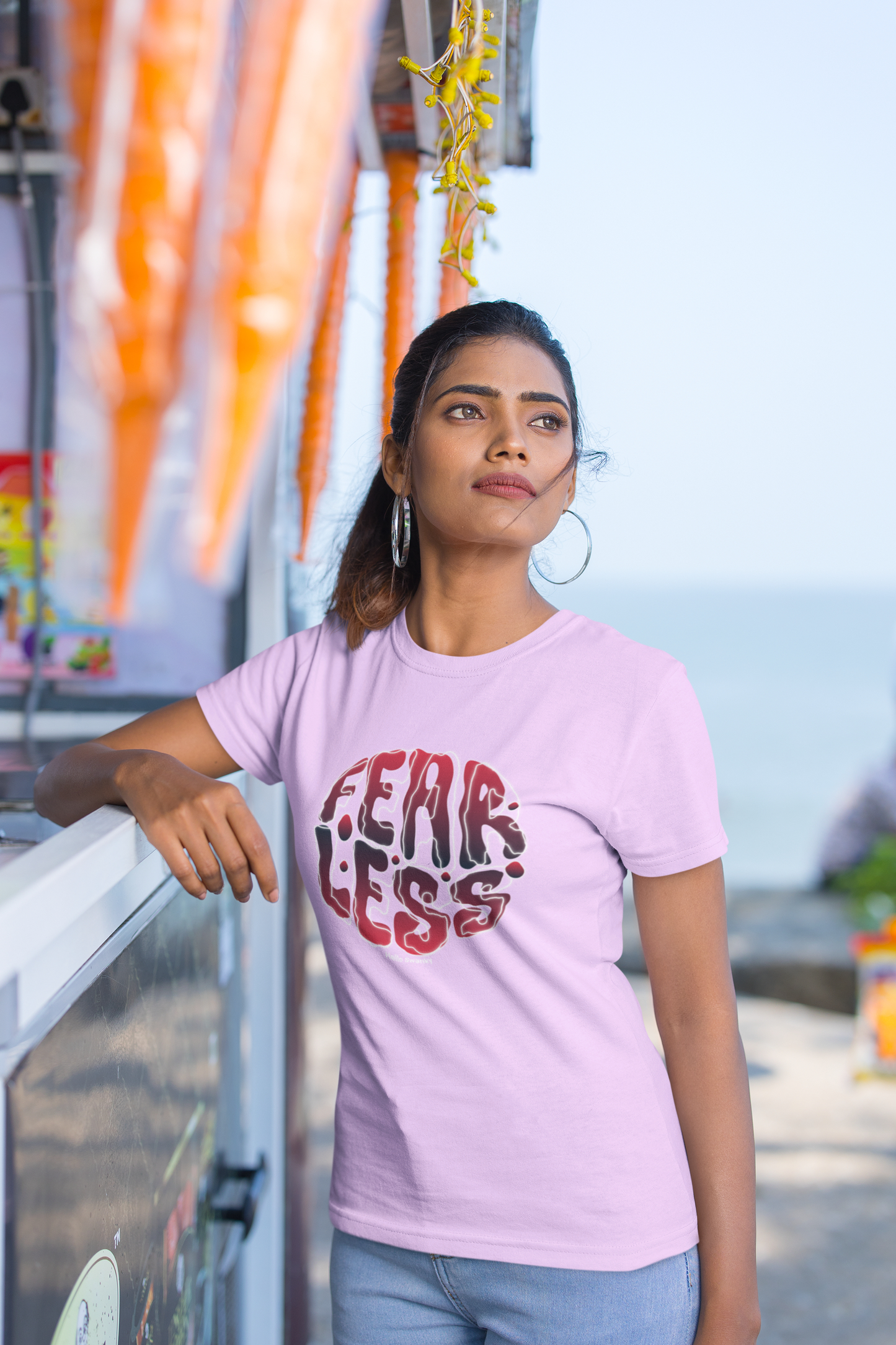 Fear less half sleeve lavender round neck t-shirt for women by hello swanky - s